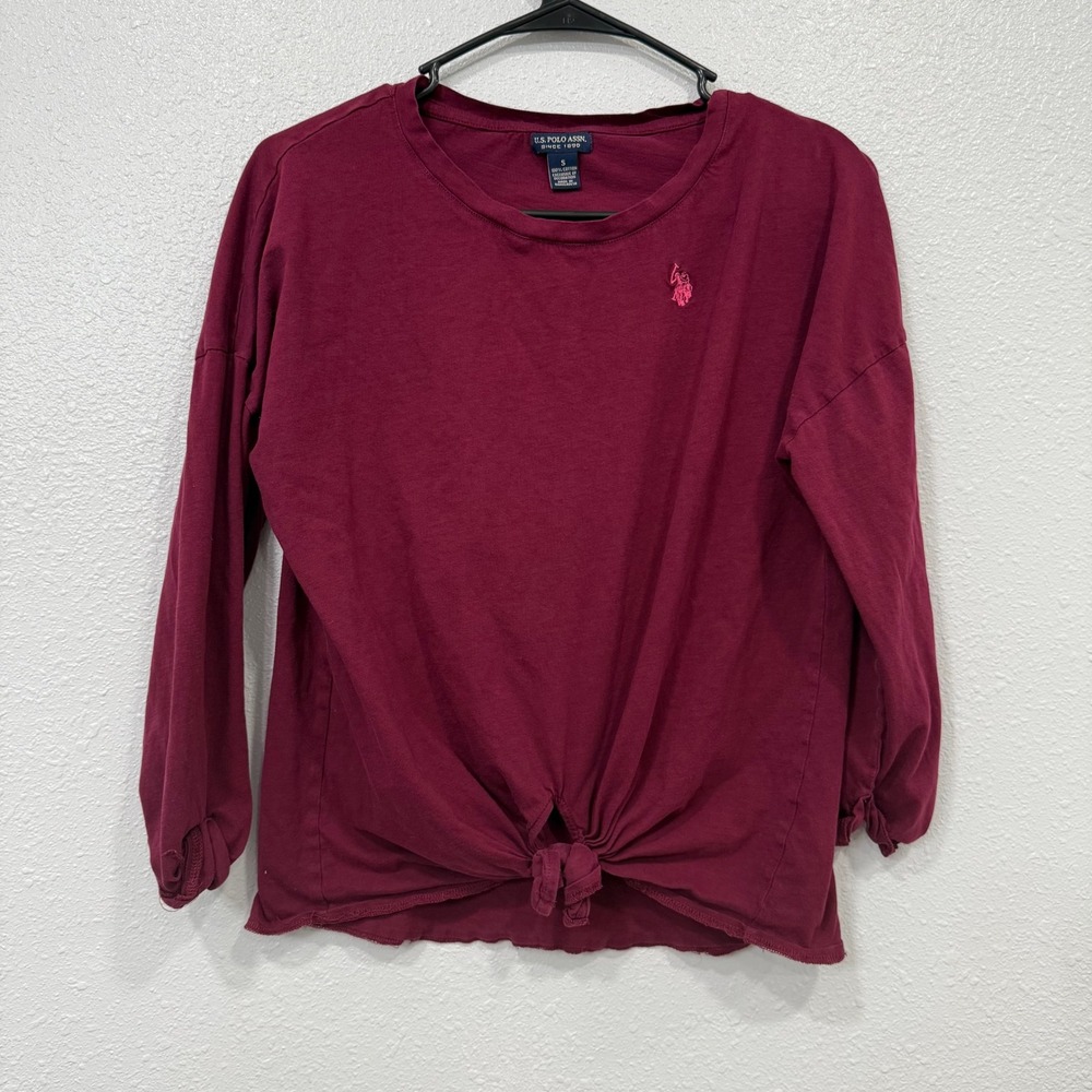 US Polo Assn Womens Burgundy Long Sleeve Tie Front Shirt Top Size S